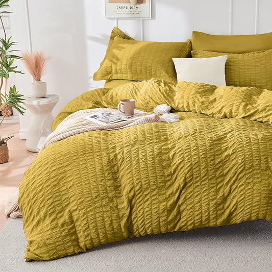 HYMOKEGE Mustard Yellow Duvet Cover Full Size, Ultra Soft 3-Piece Seersucker Duvet Cover Set with Zipper Closure, Soft Brushed Microfiber Bedding Set with 8 Corner Ties (80"x90", 2 Pillowshams)