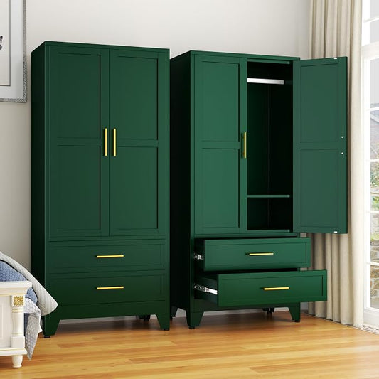 GAIOUS 71" Metal Wardrobe Cabinet with 2 Doors, 1 Adjustable Shelf and 2 Drawers, Metal Clothing Storage Cabinets with Hanging Rod, Armoire Wardrobe Closet for Bedroom, Cloak Room, Gym (Green)