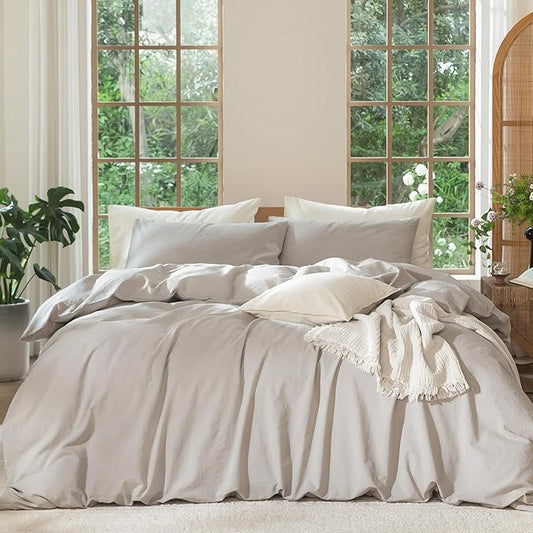 MooMee Bedding Duvet Cover Set 100% Washed Cotton Linen Like Textured Breathable Durable Soft Comfy (Heathered Cream Grey, Full 80"x90")