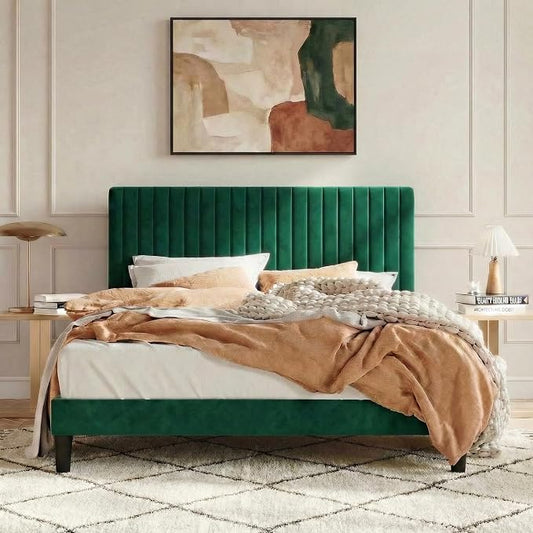 SHA CERLIN Queen Upholstered Platform Bed Frame with Vertical Channel Tufted Velvet Fabric Adjustable Headboard, Wooden Slats Support, Mattress Foundation, Box Spring Optional, Green