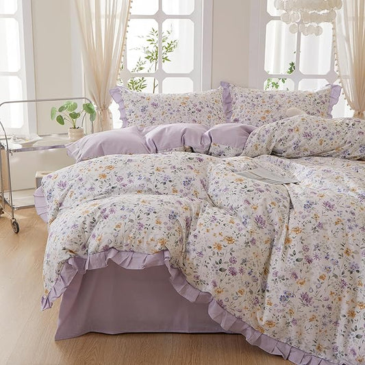 mixinni Floral Duvet Cover Set Queen Size, 100% Cotton 3-Piece Bedding Set with Ruffled Lace, Reversible Lavender Wildflower Ruffle Design, Soft Aesthetic Cottagecore Duvet Cover with Zipper Closure