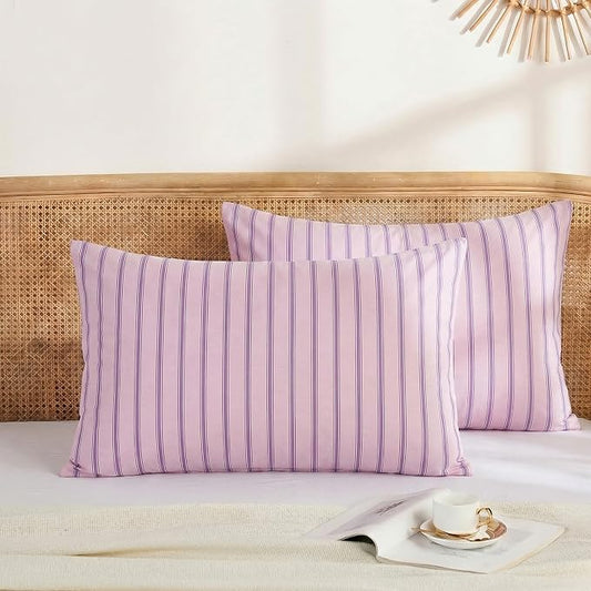 Merryword 100% Cotton Pillow Cases, King Size Pillowcases, Pink & Purple Striped Pillowcases, Luxury Linen Like Pillowcase, Soft Breathable Engineered Stripes Pillow Covers, Set of 2