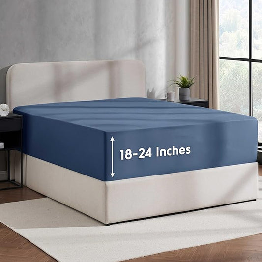 Nestl Navy Blue Extra Deep Pocket Twin Fitted Sheet Kids, Luxury Twin Size Fitted Sheet Only Easily Fits 18 to 24 Inch Mattress, Super Soft, Wrinkle-Free, and Breathable Bed Sheets with Corner Straps