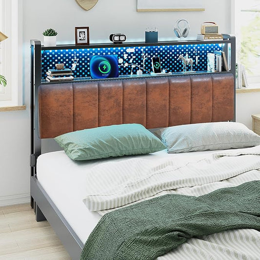 VINGLI Queen Size Headboard Industrial Brown, Head Boards for Bed with Storage, Upholstered, Chargers and Lights, 2 Tier Shelves and Pegboard,Height Adjustable, Retro Style