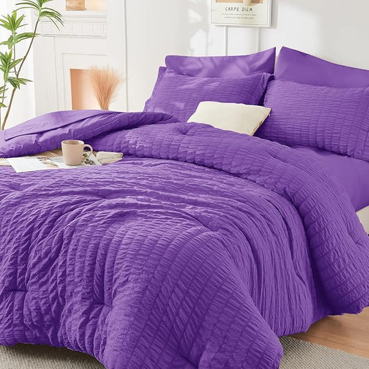 HYMOKEGE Bright Purple California King Comforter Set Seersucker 7 Pieces, All Season Luxury Bed in a Bag for Bedroom, Bedding Set with Comforter, Sheets, Pillowcases & Shams