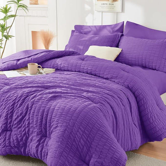 HYMOKEGE Bright Purple Queen Comforter Set Seersucker 7 Pieces, All Season Luxury Bed in a Bag Queen for Bedroom, Bedding Set with Comforter, Sheets, Pillowcases & Shams