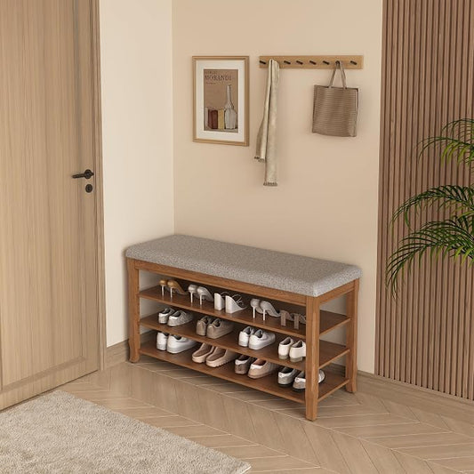 SolidWood Entryway Shoe Storage Bench, Flip-Top Soft-Close Lid, Adjustable Shelves, Cushioned Entryway Shoe Rack Organizer,Hallway, Closet, Foyer 39.4''
