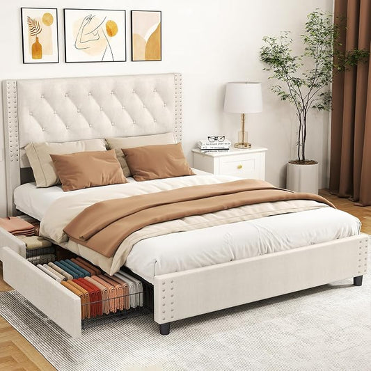 EVLIQUIL Bed Frame Queen Size with 4 Storage Drawers, Upholstered Headboard & Frame, Sturdy Metal Frame & Wood Slats, Platform Bed Frame No Box Spring Needed, Easy Assembly, Beige