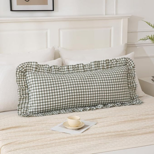 14x36 inches Sage Green Plaid Ruffle Lumbar Pillow Sham 1 Piece, Pure Cotton Gingham Decor Pillowcase French Country Vintage Cushion Cover for Bedding Couch