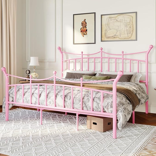 Allewie 14 Inches King Size Metal Platform Bed Frame with Elegant Crown Iron-Art Headboard & Footboard, Sturdy Mattress Foundation with Under-Bed Storage, Easy Assembly, No Box Spring Needed, Pink