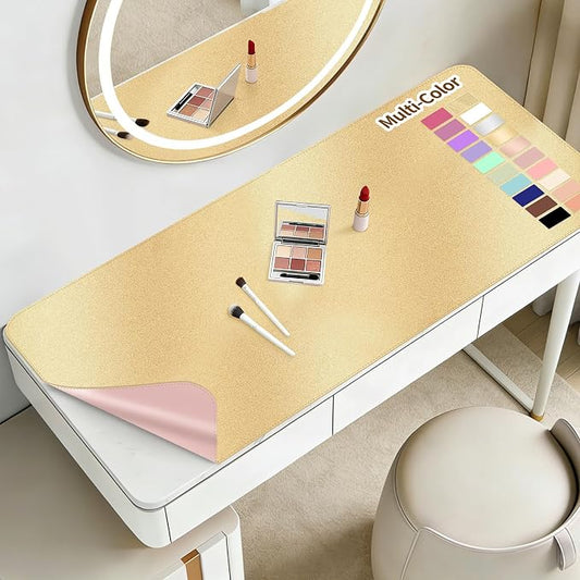 Makeup Mat for Vanity to Protect Desk Top 31.5 x 15.7 in, Dual-Sided Makeup Mat, Easy to Clean Desk Pad - Waterproof and Oilproof Vanity Accessories (Gold and Pink)