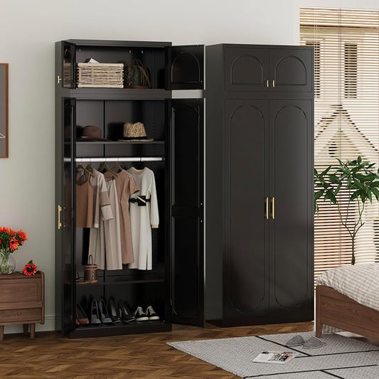 Metal Armoire Wardrobe Closet with Doors, 86" Tall Wardrobe Cabinet with Hanging Rod and Adjustable Shelves, Black Clothing Storage Cabinets for Bedroom, Home Office