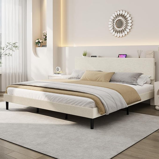 IDEALHOUSE King Size Bed Frame, Platform Bed with Adjustable Corduroy Upholstered Storage Headboard and Charging Station, Sturdy Metal Support, Noise Free, Easy Assembly, Beige