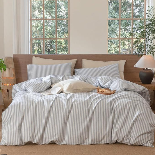 MooMee Striped Duvet Cover Set 100% Washed Cotton Linen Like Textured Breathable Durable Soft Comfy (Cornflower Blue White Classic Stripes, Oversized Full 82"x86")