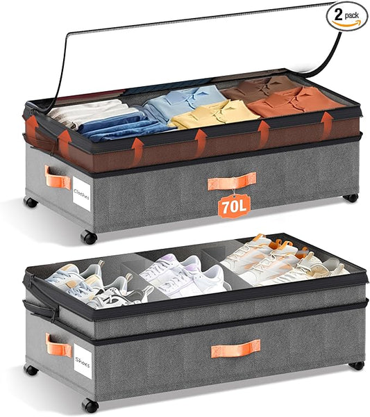 Under Bed Storage Organizer with Wheels - 2Pack 70L Extra Large Rolling Storage Bins with Clear Lid & Labels for Clothes, Shoes, Blankets (XXL,Grey)