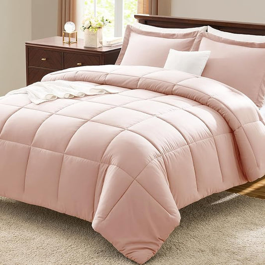 CozyLux Full Size Comforter Sets - 270GSM Blush Pink Bedding Sets for All Seasons, 3 Pieces Box Stitched Bed Set with 1 Down Alternative Comforter and 2 Pillow Shams, Soft, Lightweight, Breathable