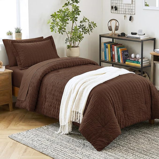 CozyLux Twin XL Comforter Set with Sheets Seersucker Brown 5 Pieces Bed in a Bag, Twin Extra Long Luxury Soft Bedding Sets for College Dorm with Down Alternative Comforter, Sheets, Pillowcase & Sham
