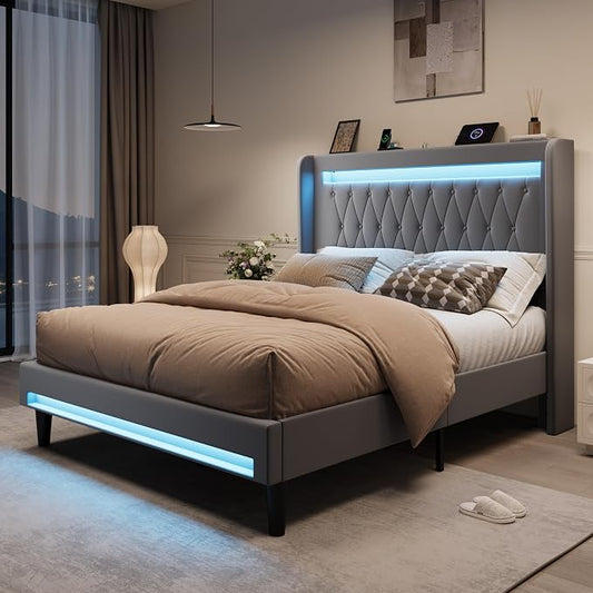 SHA CERLIN Full Size LED Bed Frame with Charging Station, Velvet Upholstered Platform Bed with High Wingback Headboard, No Box Spring Needed, Easy Assembly, Grey