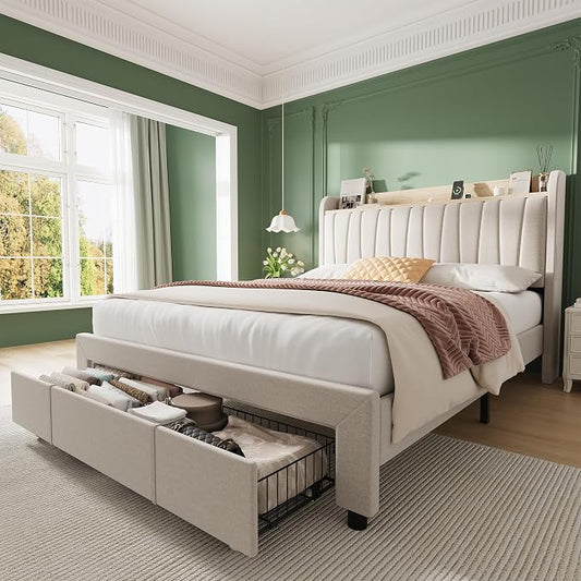 Garvee Upholstered Bed Frame Queen Size with Storage Headboard and Charging Station, Platform Bed Frame with Drawers, Heavy Duty, No Box Spring Needed, Easy Assembly, Beige