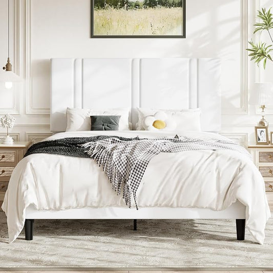 Allewie Full Size Platform Bed Frame with Adjustable Headboard, Plush Velvet Upholstered, Vertical Channel Tufted, Sturdy Wooden Slats, No Box Spring Needed, Easy Assembly, White