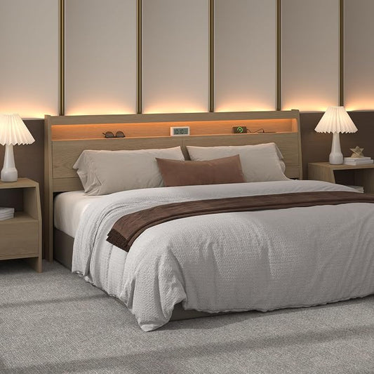 Wooden Headboard Only with Storage, Skirting Groove for Enhanced Stability, Built-in Power Outlet, 2 USB Ports & LED Light - Solid Wood Leg Sturdy Stable Bed Backboard (Oak, Queen)