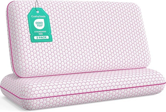CushyOasis Memory Foam Pillows for Side, Back and Stomach Sleepers, Set of 2, Bed Pillow with Washable Cover and Breathable Mesh, Bed Pillow for Sleeping (Pink，King Size)