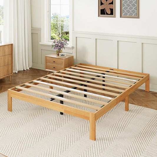 Novilla 12 Inch Queen Bed Frame, Wooden Platform Bed Frame Queen Size, Queen Size Bed Frame Without Headboard, Sturdy Wood Slat Support, No Box Spring Needed, Easy Assembly, Natural Grain Wood