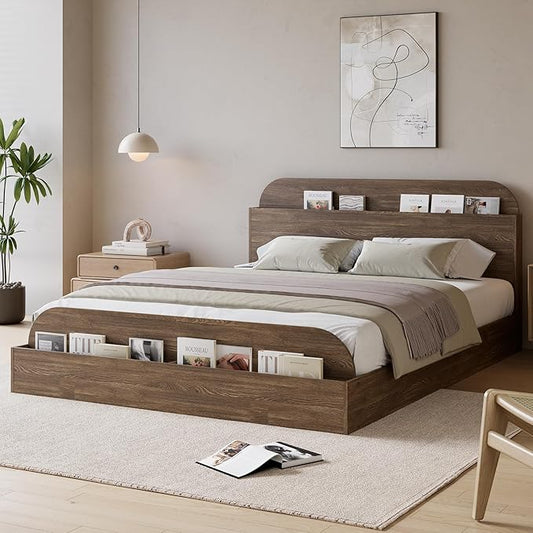Garvee Full Size Bed Frame with Storage Headboard and Raised Footboard – Wooden Full-Floor Low Platform Bed for Bedroom, Heavy Duty & Noise Free, No Box Spring Needed, Walnut