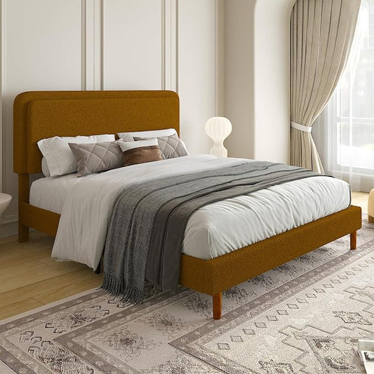 Queen Size Boucle Platform Bed Frame with Adjustable Headboard, Upholstered Cloud Bed, Solid Wooden Legs, Easy Assembly, No Box Spring Needed, Brown