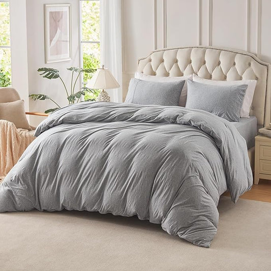 PURE ERA Jersey Knit Duvet Cover Set 100% T-Shirt Cotton Super Soft Comfy 3pc Bedding Set with Zipper Closure (Heather Grey, King)