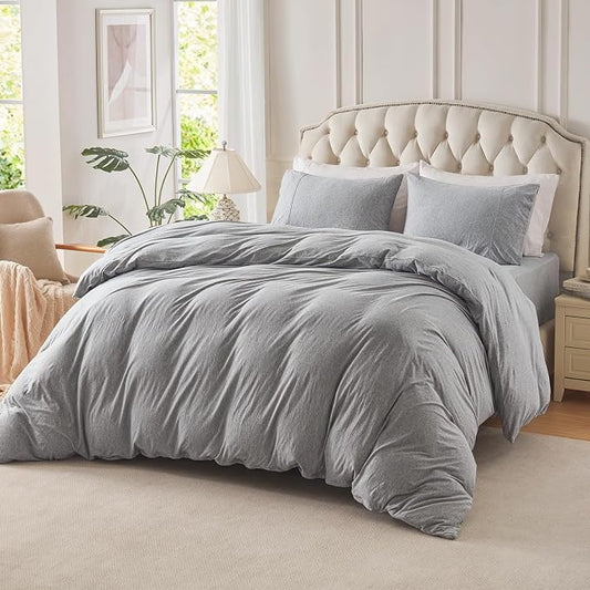 PURE ERA Jersey Knit Duvet Cover Set 100% T-Shirt Cotton Super Soft Comfy 3pc Bedding Set with Zipper Closure (Heather Grey, Full)