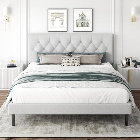CXVX King Size Platform Bed Frame with Upholstered Headboard, Button Tufted Design, Strong Wooden Slats, No Box Spring Needed, Easy Assembly, Noise Free