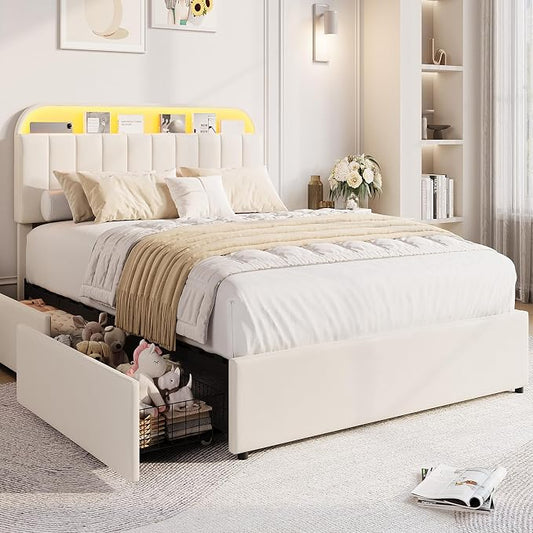 GarveeHome Queen Bed Frame with Storage Headboard, Kids Bed Frame with 2 Drawers, Velvet Upholstered Platform Bed Frame with Lights, No Box Spring Needed, Easy Assembly, Velvet White