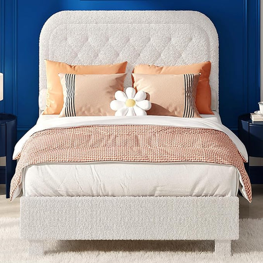 VINGLI Cloud Queen Bed Frame with Boucle Headboard,Cozy Soft Platform Bed with Wooden Slats, Cute Fabric Headboard, Cream Modern Style,Noise Free,Rounded Corners,White