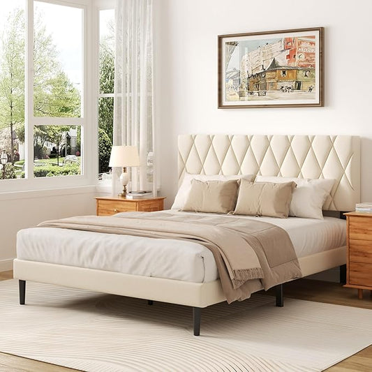 CXVX Queen Size Bed Frame with Diamond Tufted Headboard, Velvet Upholstered Platform Bed and Wooden Slat Support, Noise-Free, No Box Spring Needed, Easy Assembly, Beige