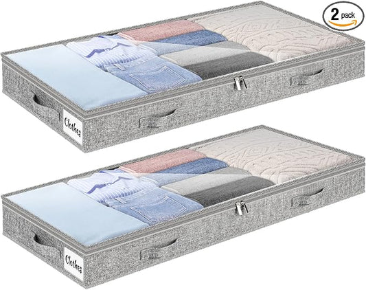 5 Inch Low Profile Under Bed Storage Drawer 2 Pack, Lightweight Underbed Clothes Storage Container Bins With NO STURCTURE, Shallow Storage Bag for Dorm & Home, With Clear Lids & Water-Resistant Fabric