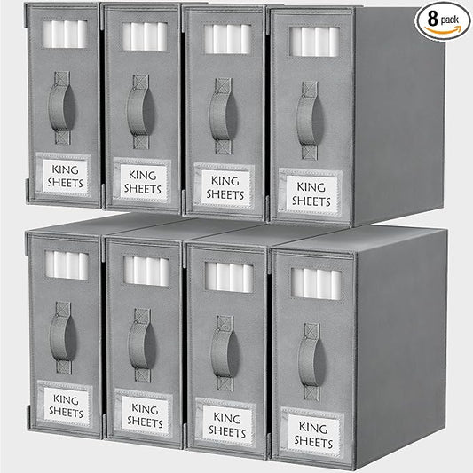 Criusia Bed Sheet Organizers and Storage, 8 Pack Foldable Linen Closet Organizer Box – Bedding Holder for Sheet Set (King/Queen Sizes), Duvet Covers, Blankets (Grey)