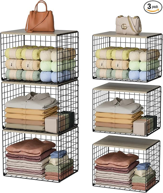 Extra-Long Closet Organizers and Storage with Top Board, 3 Pack Stackable Closet Shelf Organizer, Double Storage Design Clothes Storage Cube/Bin Organizer for Wardrobe,Space-Saving, Black,Sturdy,Metal