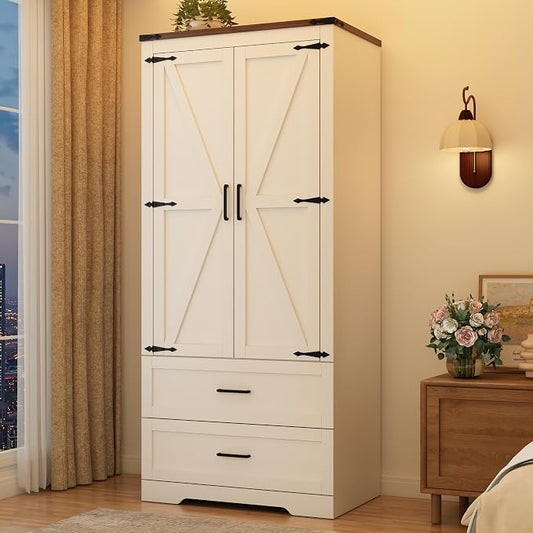 St.Mandyu Farmhouse Wardrobe Armoire Closet with 2 Doors and 2 Drawers, 70.1" Wooden Clothing Storage Cabinet, Freestanding Large Capacity Storage Wardrobe Armoire with Hanging Rod for Bedroom, White