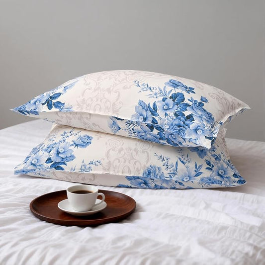 CHUFFED 100% French Linen Pillow Cases Porcelain Bloom Print, Farmhouse Floral Stone Washed Pillow Shams with Envelope Closure Soft Breathable Vintage Pillow Covers for Decor,20x36 inches