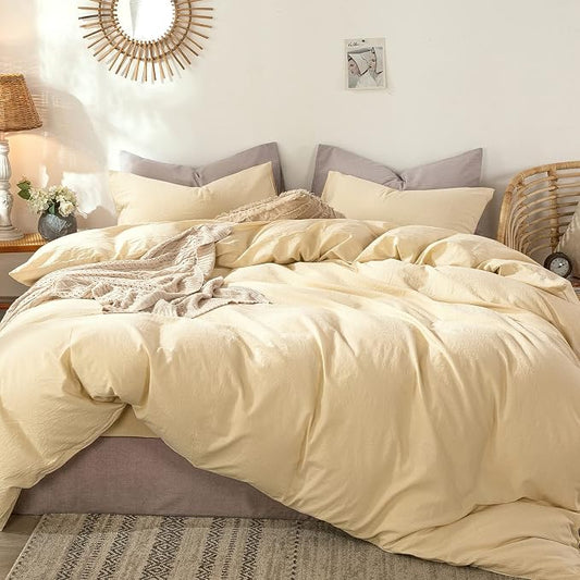 MooMee Bedding Duvet Cover Set 100% Washed Cotton Linen Like Textured Breathable Durable Soft Comfy (Heathered Light Yellow, Queen 90"x90")