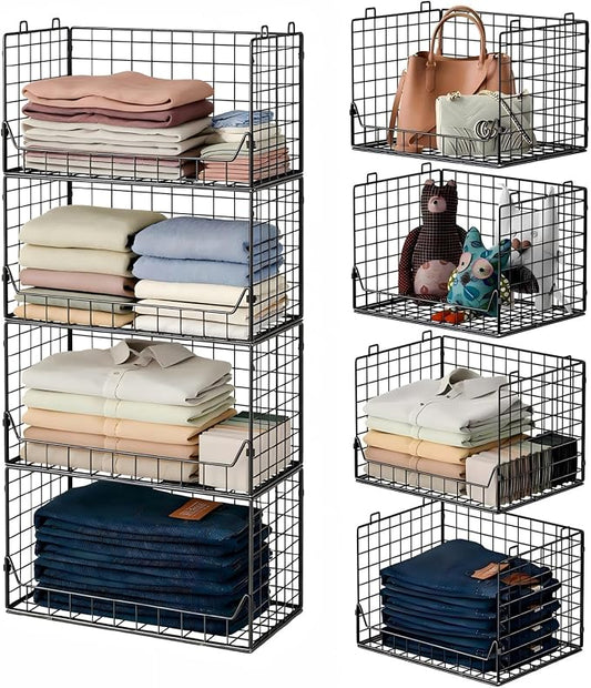 Jakyitvi 4-Tier Extra Height Stackable Closet Organizer – Foldable Storage Bins for Sweaters, Jeans, and Clothes – Sturdy Iron Mesh Shelves for Neat and Efficient Closet Storage – Black