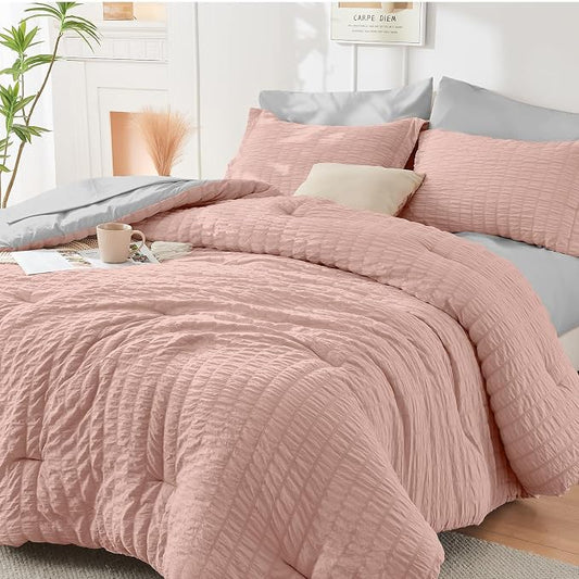 HYMOKEGE Rose Gold/Light Grey King Size Comforter Set Seersucker 7 Pieces, All Season Luxury Bed in a Bag for Bedroom, Bedding Set with Comforter, Sheets, Pillowcases & Shams