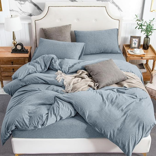 PURE ERA Jersey Knit Duvet Cover Set 100% T-Shirt Cotton Super Soft Comfy 3pc Bedding Set with Zipper Closure (Heather Blueish Grey, Cal King)