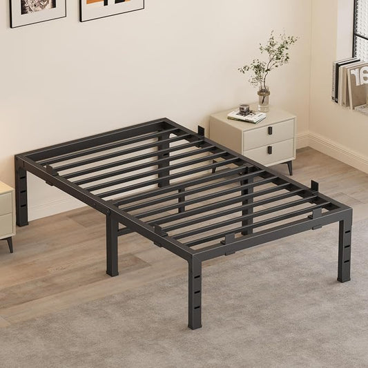 18 Inch Twin Bed Frames, Heavy Duty Metal Platform 3500 lbs Capacity, No Box Spring Needed, 6 Mattress Slide Stopper, Headboard Holes, Noise-Free, Easy Assembly, Black