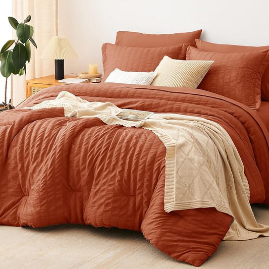 CozyLux King Size Comforter Set Burnt Orange Seersucker 7 Pieces Bed in a Bag King Comforter Set with Sheets, Terracotta Luxury Bedding Set with Down Alternative Comforter, Sheets, Pillowcases & Shams