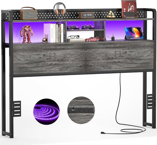 Unikito Headboard for Queen Size Bed with Storage Shelf, Head Board with 3 Outlets and 2 USB Ports, Headboards with RGB LED Light, Height Adjustable, Sturdy and Stable, Easy Assembly, Black Oak
