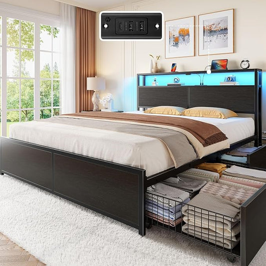 Rolanstar Queen Bed Frame with 4 Storage Drawers, Charging Station and LED Lights, Metal Platform Bed with 2-Tier Storage Headboard, No Box Spring Needed, Easy Assembly, Noise-Free, Black