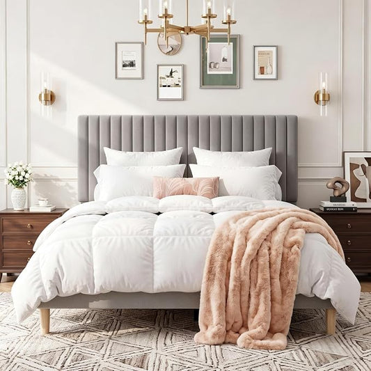GAOMON Queen Bed Frame with Adjustable Headboard, Velvet Upholstered Platform Queen Size Bed Frame, Vertical Channel Tufted, Strong Wooden Slats, No Box Spring Needed, Easy Assembly, Grey