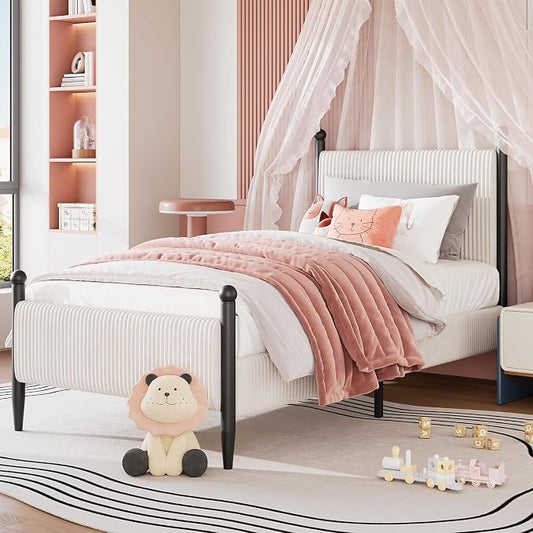 Garvee Twin Size Upholstered Bed Frame - with Velvet Headboard, Soft Corduroy Fabric Platform with Wooden Slats Support & Heavy Duty Feet, No Box Spring Needed, Noise Free, Easy Assembly, White